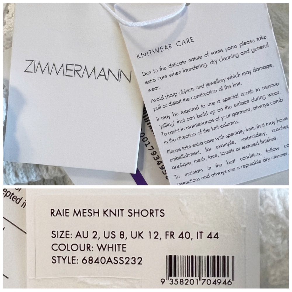 ZIMMERMANN Women’s Size 2/ US 8 White Raie Mesh Crochet-Knit Cotton Shorts - Picture 12 of 15